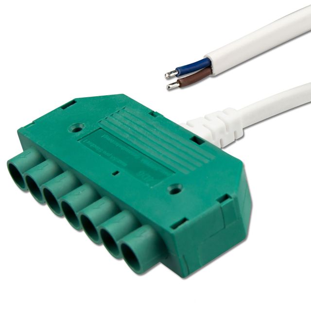 Mini-Plug 6-fach Verteiler female, 1m, 2x0,75, IP54, weiß-grün, max. 48V/6A